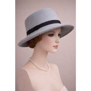 Vintage Classic Gray Wool Wide Brim Hat with Black Bow Detail
